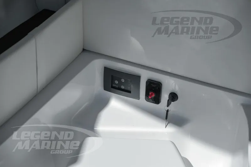 Slide: The Image of Control panel and seating area of the 2025 Statement 350 Open boat by Legend Marine Group. - 42