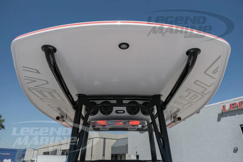 Slide: The Image of 2025 Statement 350 Open boat with T-top and Legend Marine Group branding. - 44