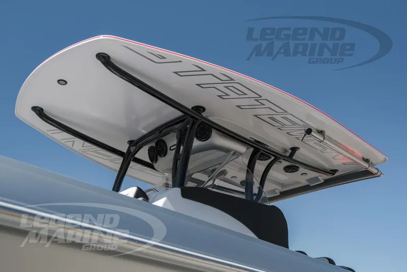 Slide: The Image of 2025 Statement 350 Open boat with T-top, Legend Marine Group branding. - 46