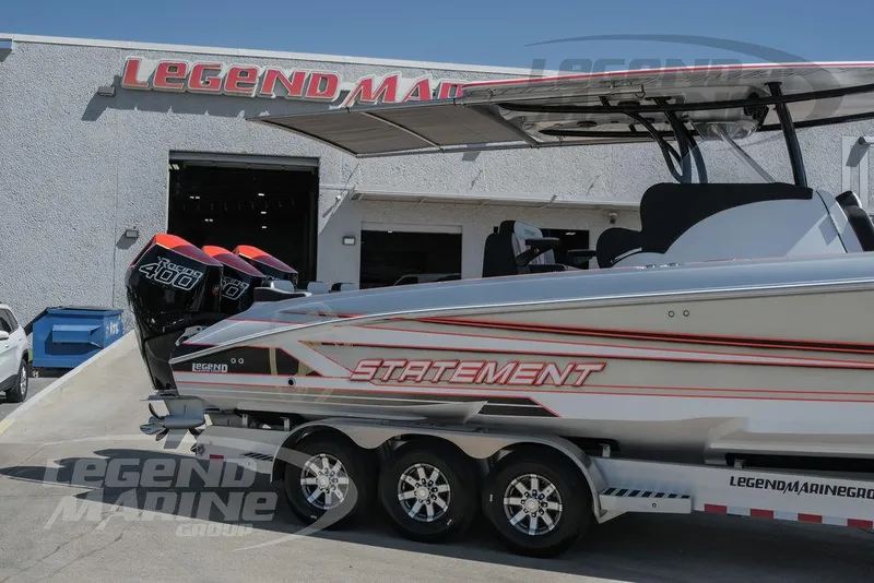 Slide: The Image of 2025 Statement 350 Open boat with twin 400R engines at Legend Marine Group. - 48