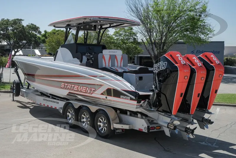 Slide: The Image of 2025 Statement 350 Open boat with triple outboard engines on a trailer. - 6
