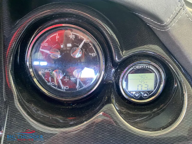 Slide: The Image of Close-up of 2021 Monterey 278SS boat dashboard with speedometer and depth gauge. - 33