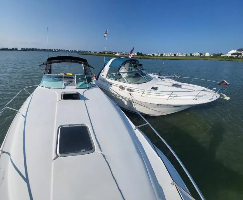 Slide: The Image of Two Sea Ray 310 Sundancer boats docked on a sunny day, 2002 model. - 43