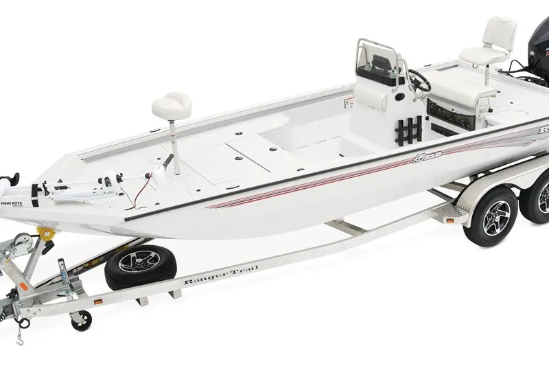 Slide: The Image of 2024 Ranger RB210 boat on trailer, featuring sleek design and dual axles. - 10
