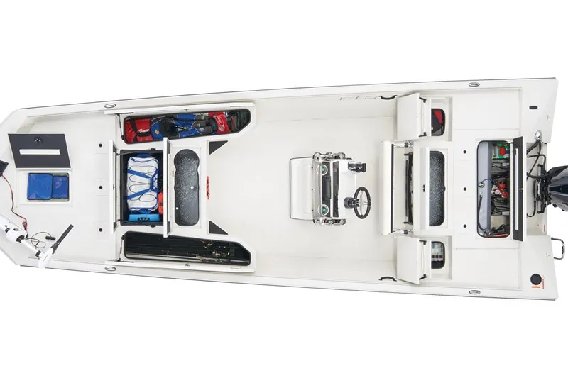 Slide: The Image of 2024 Ranger RB210 boat interior layout with storage compartments and seating. - 9