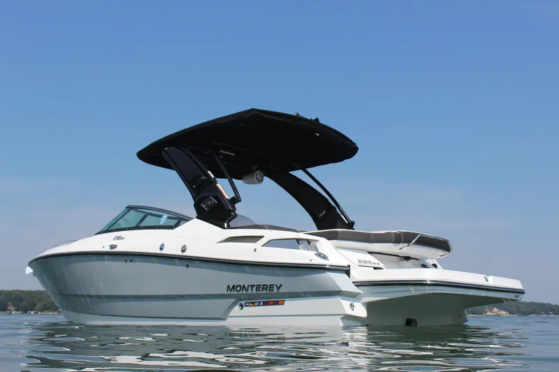 Slide: The Image of 2023 Monterey 298SS boat on calm water with blue sky background. - 10