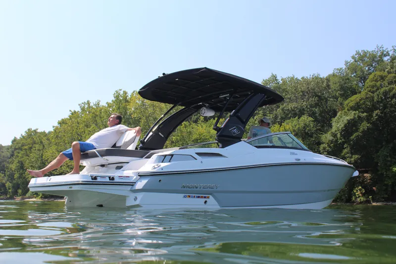 Slide: The Image of 2023 Monterey 298SS boat on water with people relaxing. - 4