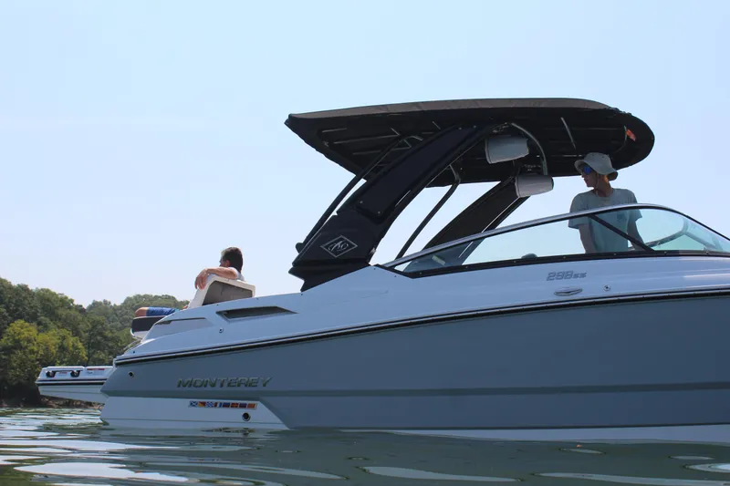 Slide: The Image of 2023 Monterey 298SS boat on water with passengers. - 6