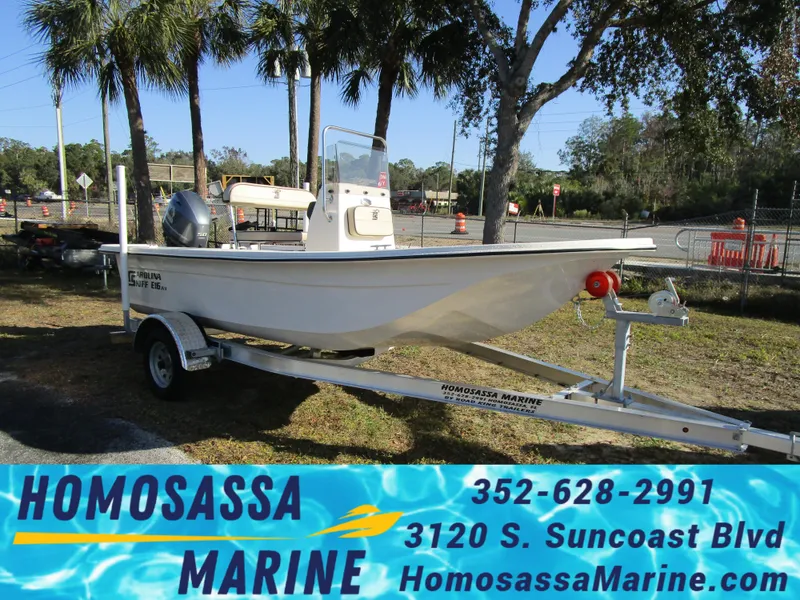 Slide: The Image of 2024 Carolina Skiff E Series E16 JVX CC boat on trailer at Homosassa Marine. - 1