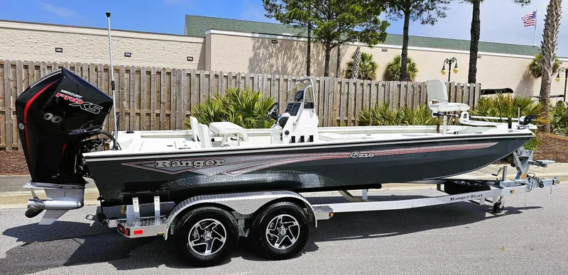 Slide: The Image of 2024 Ranger RB210 boat on a trailer, parked outdoors. - 10