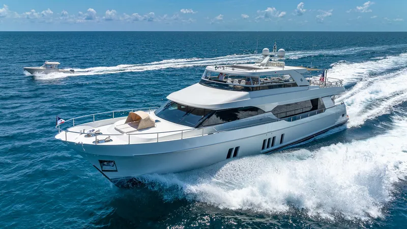 Slide: The Image of 2015 Ocean Alexander Motoryacht Open Bridge cruising on the ocean. - 1