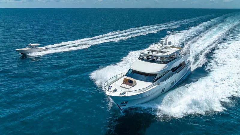 Slide: The Image of 2015 Ocean Alexander Motoryacht Open Bridge cruising on the ocean. - 2