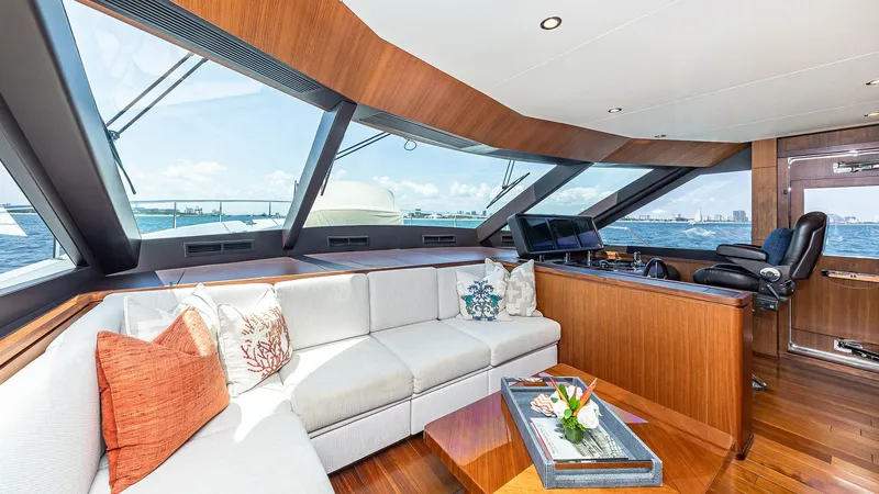 Slide: The Image of Luxurious interior of 2015 Ocean Alexander Motoryacht Open Bridge with panoramic windows. - 21