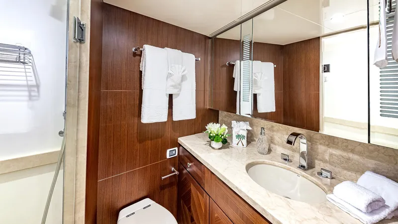 Slide: The Image of Luxurious bathroom in a 2015 Ocean Alexander Motoryacht Open Bridge. - 43