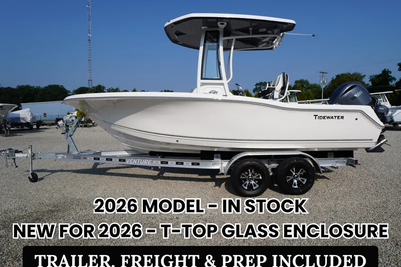 The Image of 2026 Tidewater 210 CC Adventure boat with T-Top glass enclosure on trailer. - 0
