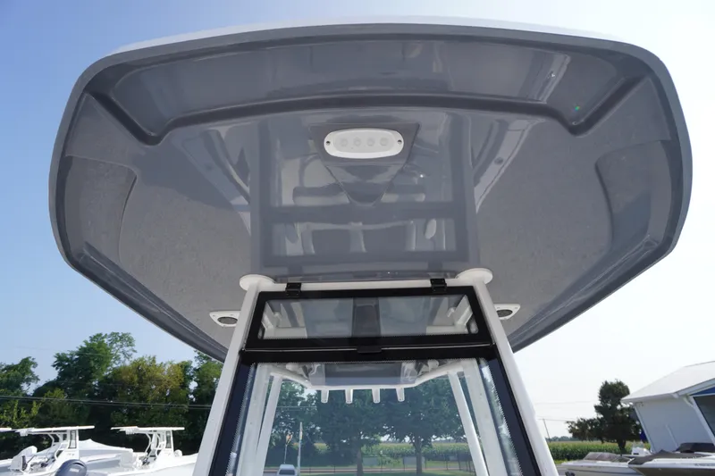 Slide: The Image of 2026 Tidewater 210 CC Adventure boat's T-top view with clear sky background. - 27