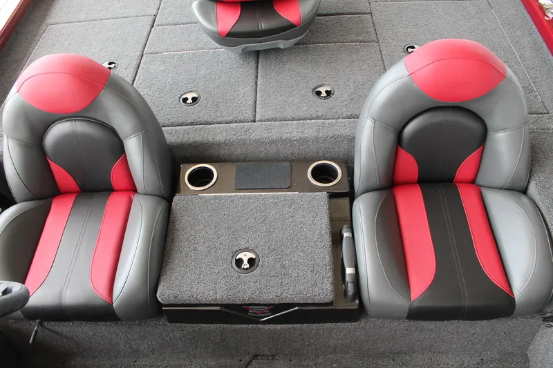 Slide: The Image of 2024 Vexus AVX1980C boat interior with red and black seats and cup holders. - 22