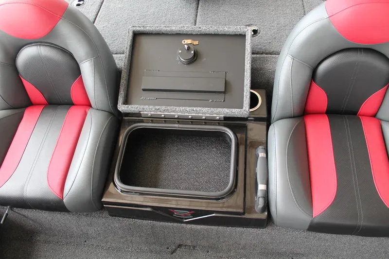 Slide: The Image of 2024 Vexus AVX1980C boat interior with red and black seats and storage compartment. - 7