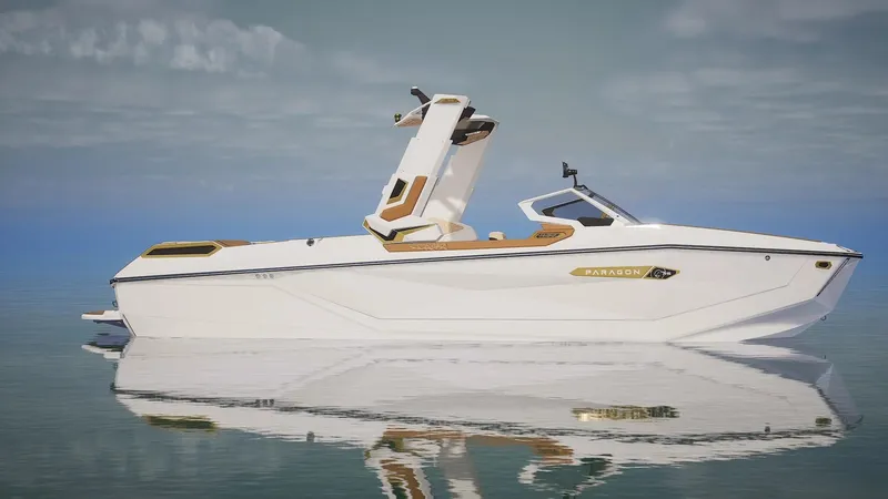 Slide: The Image of 2024 Nautique G25 Paragon boat on calm water, showcasing sleek design and luxury features. - 5