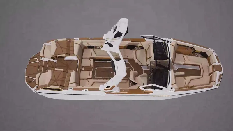 Slide: The Image of 2024 Nautique G25 Paragon boat, top view, showcasing luxurious seating and sleek design. - 6