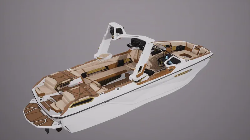 Slide: The Image of 2024 Nautique G25 Paragon boat, luxury interior, white and tan design, side view. - 7