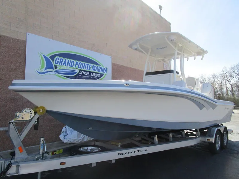 Slide: The Image of 2024 Ranger 2660 Bay boat on trailer at Grand Pointe Marina. - 3