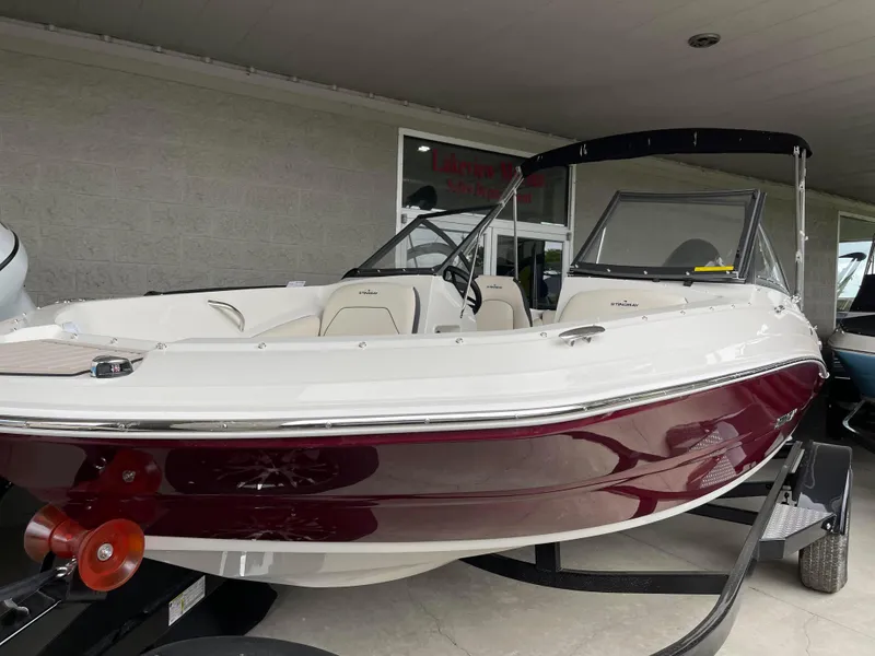 Slide: The Image of 2024 Stingray 191 DC boat with maroon and white exterior on display. - 0