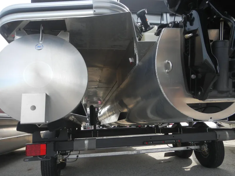 Slide: The Image of 2024 Lowe SF 212 WT pontoon boat undercarriage and motor. - 37