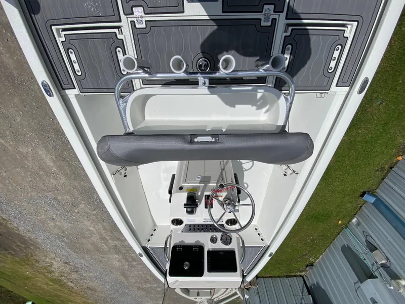 Slide: The Image of 2024 Avid 19FSX boat interior, top view of console and seating. - 5