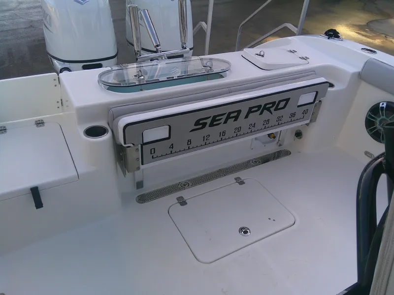 Slide: The Image of 2020 Sea Pro 259 Center Console boat interior with measuring board and storage compartments. - 36