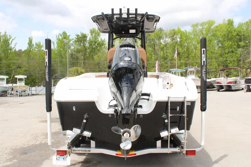 Slide: The Image of 2024 Sea Pro 222 boat rear view with outboard motor and ladder. - 4
