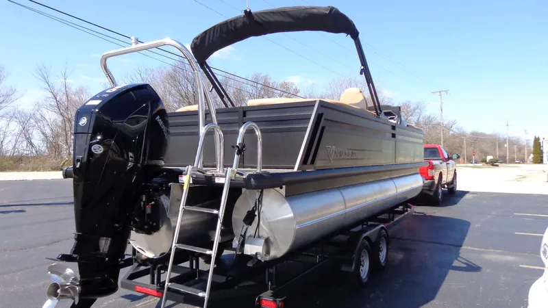 Slide: The Image of 2024 Viaggio Lago Z24U pontoon boat on trailer, rear view with outboard motor. - 3