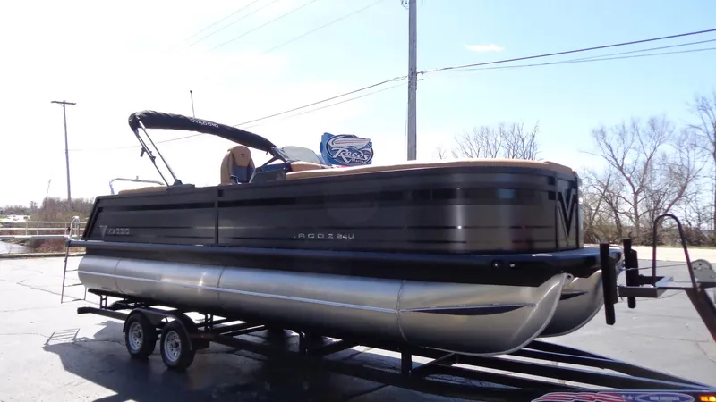 Slide: The Image of 2024 Viaggio Lago Z24U pontoon boat on a trailer. - 4