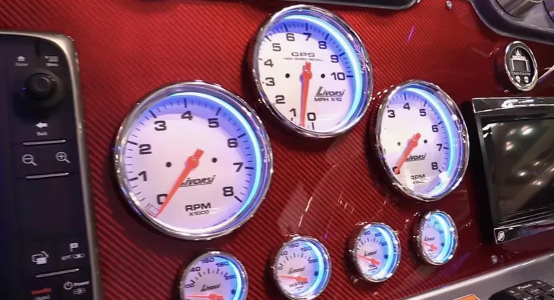 Slide: The Image of Dashboard of a 2015 Formula 400 FX8 boat with illuminated gauges. - 22