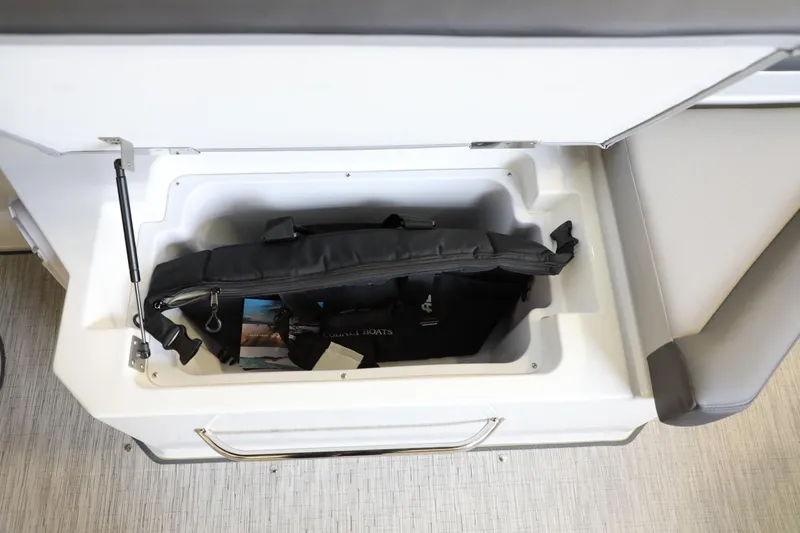Slide: The Image of 2024 Cobalt R8 boat storage compartment with black bag and brochure. - 13