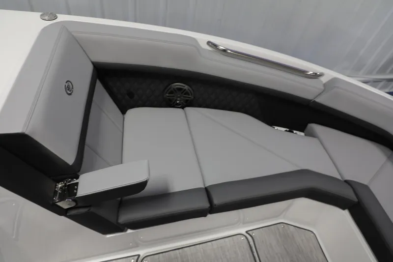 Slide: The Image of 2024 Cobalt R8 boat interior with luxurious gray seating and armrest. - 4