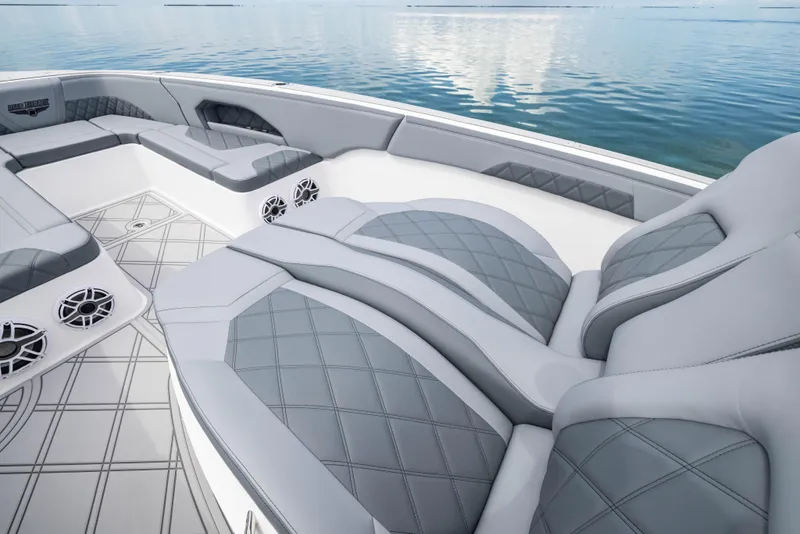 Slide: The Image of Luxurious seating on the 2024 Deep Impact 369 Deep Impact boat, with diamond-stitched upholstery. - 29