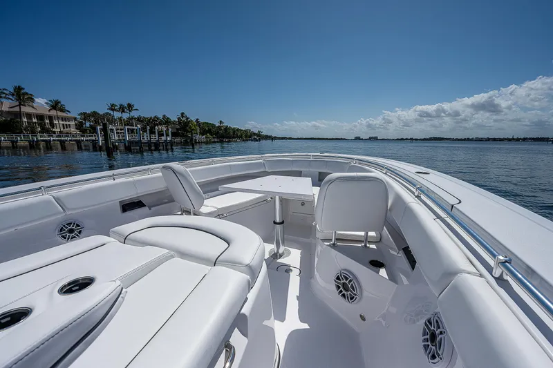 Slide: The Image of 2023 Sportsman Open 352 Center Console boat interior on a sunny day. - 4