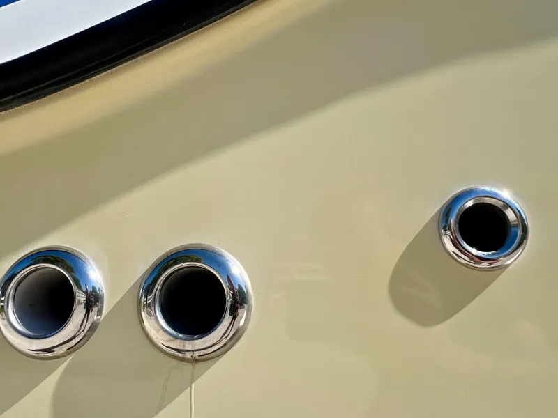 Slide: The Image of Close-up of 2008 Trophy 2503 boat hull with chrome fittings. - 18