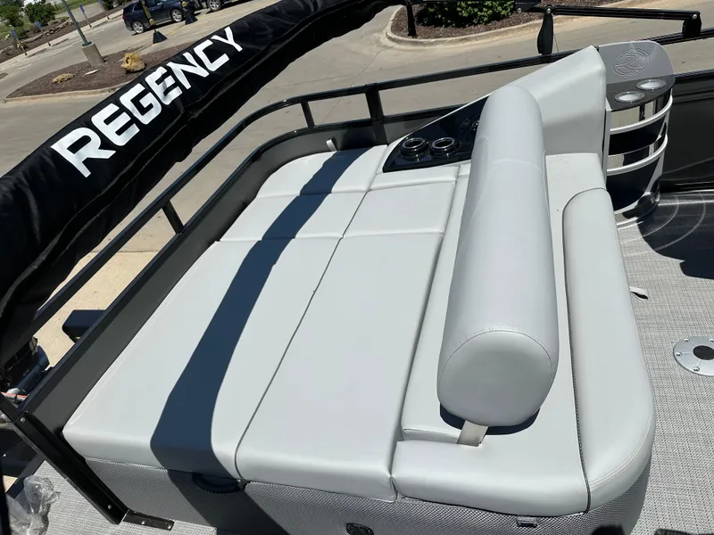 Slide: The Image of 2024 Regency 250 DL3 boat with gray seating and black accents. - 8