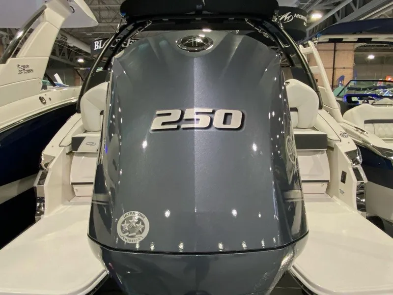 Slide: The Image of 2025 Regal LX4 boat with "250" emblem, showcased indoors. - 11