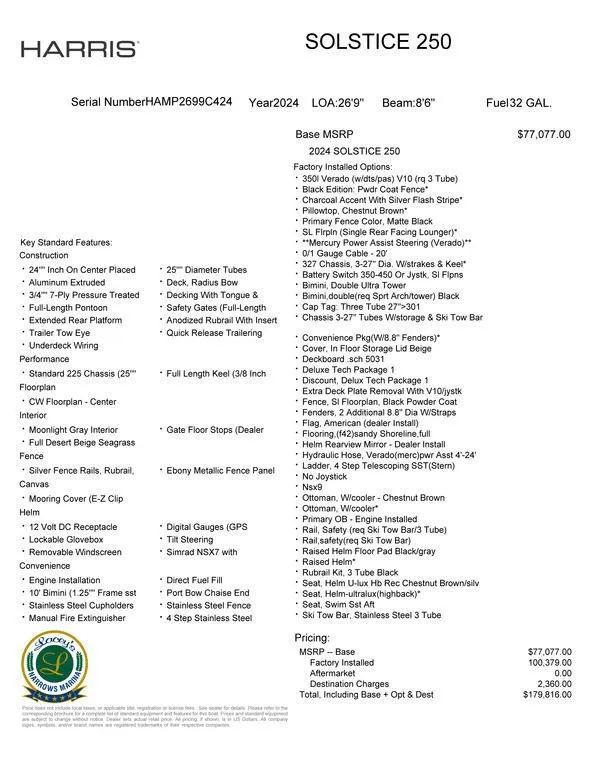 Slide: The Image of 2024 Harris Solstice 250 boat specifications and pricing details, featuring standard and optional features. - 14