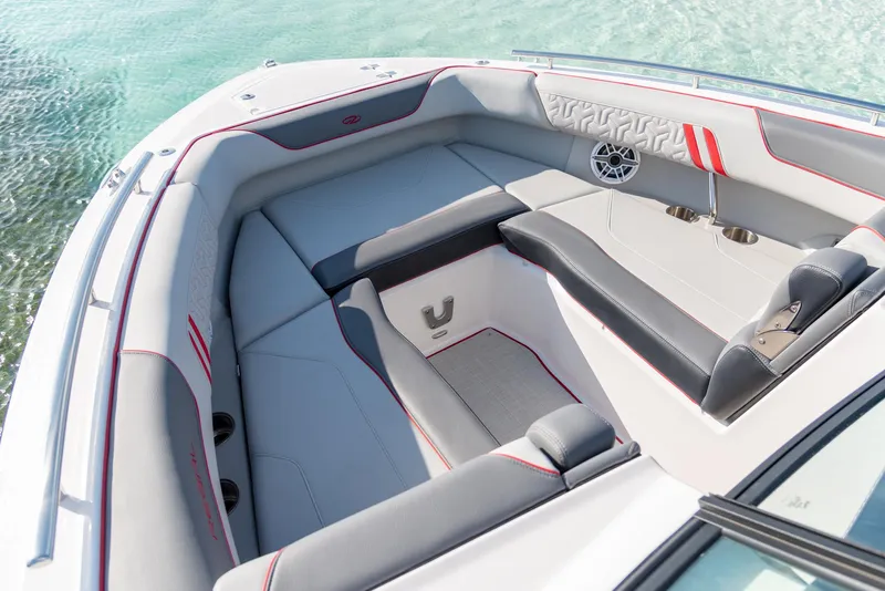 Slide: The Image of Luxurious seating area of 2024 Regal LX9 boat with modern design and premium materials. - 18