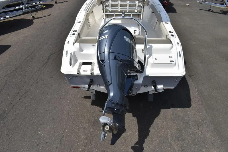 Slide: The Image of 2024 Key West 219 FS boat with Yamaha 200 outboard motor, rear view. - 9