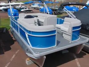 Slide: The Image of 2024 Godfrey Xperience 1680 CX 25 in. pontoon boat with blue and white seating. - 11