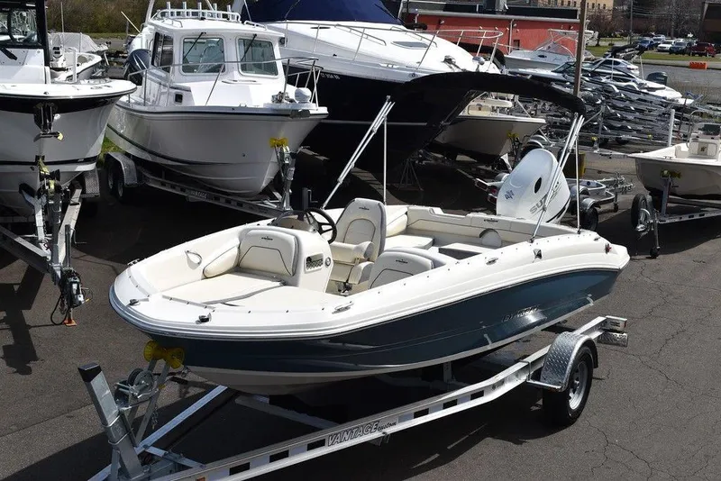 Slide: The Image of 2024 Stingray 182SC boat on a trailer in a marina. - 3