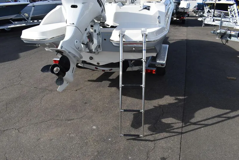 Slide: The Image of 2024 Stingray 191DC boat rear view with ladder and outboard motor. - 12