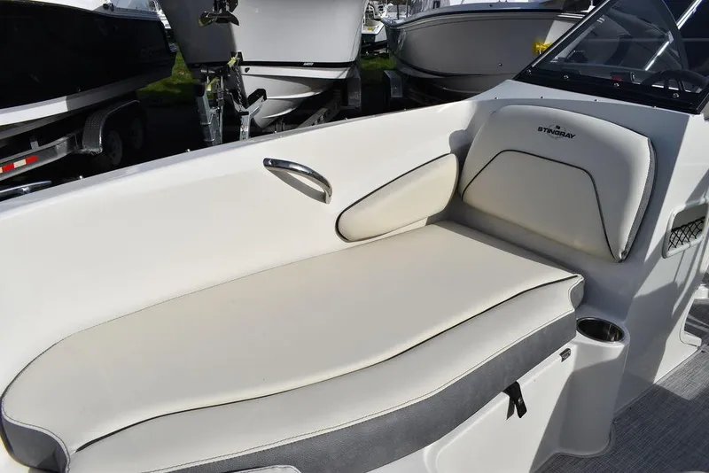 Slide: The Image of 2024 Stingray 191DC boat interior with cushioned seating and modern design. - 38