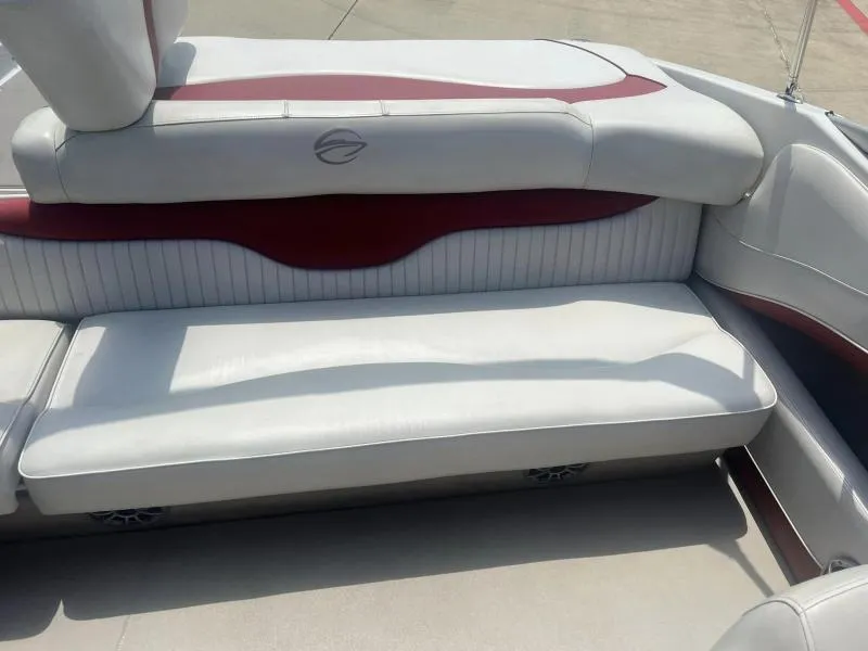 Slide: The Image of Crownline Boats 21SS 2016 model interior seating with white and red upholstery. - 14