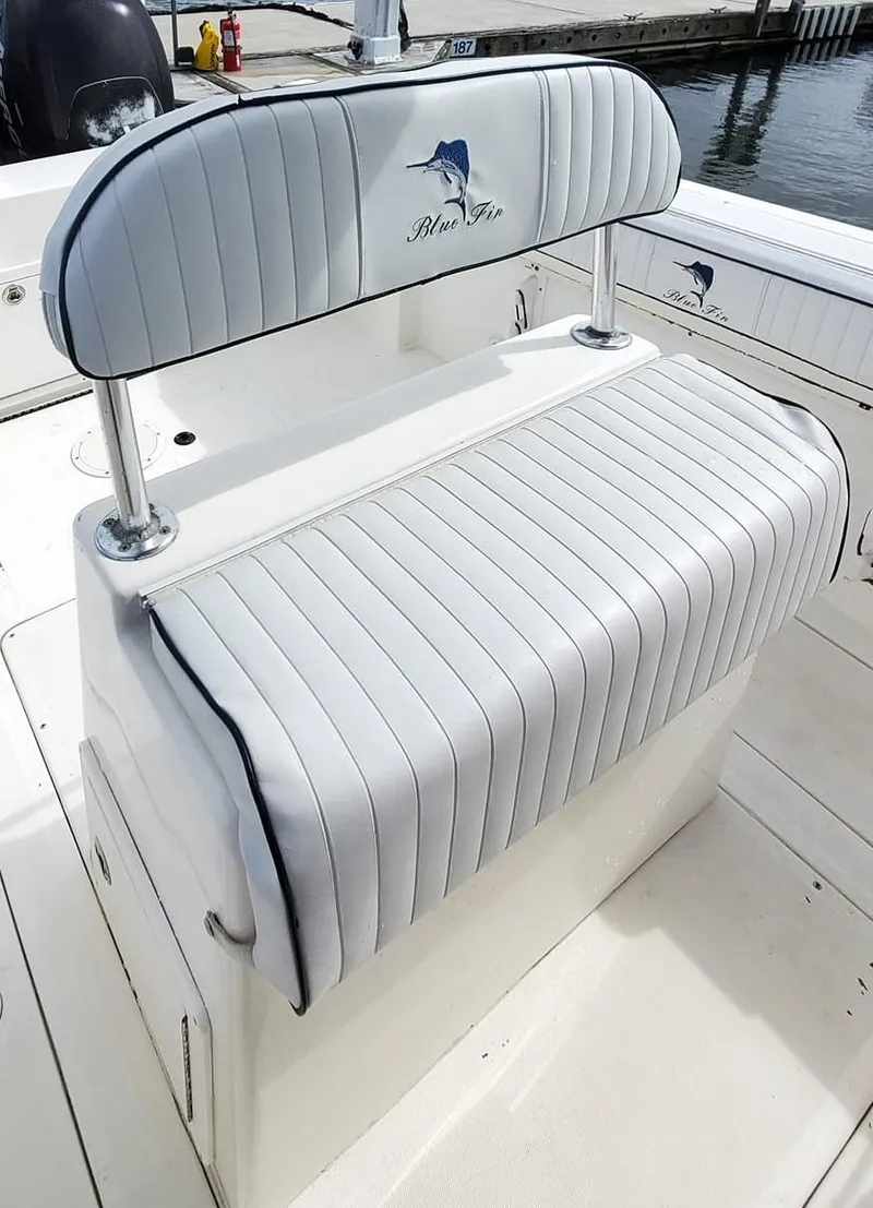 Slide: The Image of 2006 Blue Fin Pro Fish C/C boat seat with white and blue striped upholstery. - 15